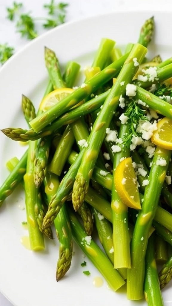 Asparagus umbellatus salad with lemon dressing and Parmesan on a white plate.